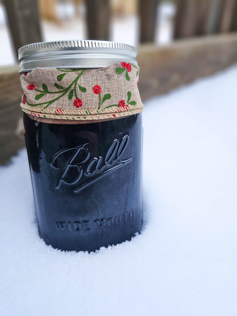 eldeberry syrup mason jar in snow